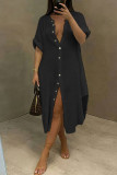 Black Casual Solid Split Joint Buckle Asymmetrical Shirt Dress Dresses