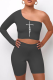 Black Sexy Print Patchwork One Shoulder Long Sleeve Two Pieces