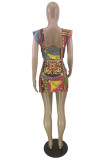 Blue Fashion Casual Print Patchwork Backless Off the Shoulder Short Sleeve Two Pieces