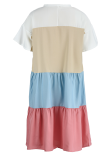 Red Casual Patchwork Flounce O Neck Cake Skirt Dresses