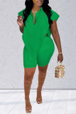 Green Fashion Casual Solid Asymmetrical Turndown Collar Short Sleeve Two Pieces