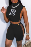 Red Fashion Casual Letter Embroidery Bandage Patchwork Turtleneck Sleeveless Two Pieces