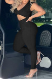 Grey Sexy Solid Hollowed Out Patchwork V Neck Skinny Jumpsuits