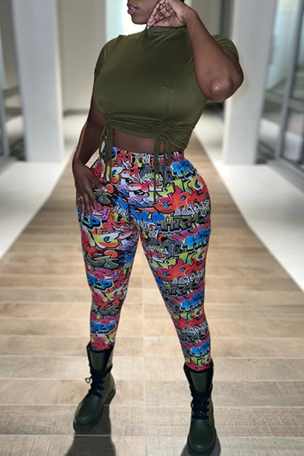 Army Green Fashion Casual Print Draw String Frenulum Turtleneck Short Sleeve Two Pieces
