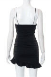 Black Fashion Sexy Solid Patchwork Backless V Neck Sling Dress