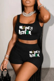 Black Fashion Casual Letter Print Basic U Neck Sleeveless Two Pieces