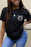 Blue Fashion Casual Print Basic O Neck T-Shirts