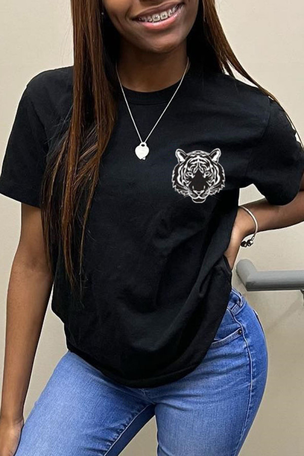 Black Fashion Casual Print Basic O Neck T-Shirts