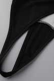 Black Sexy Solid Patchwork Halter Skinny Bodysuits