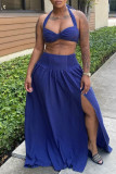 Dark Blue Fashion Sexy Solid Bandage Backless Slit Halter Sleeveless Two Pieces