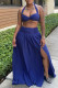 Dark Blue Fashion Sexy Solid Bandage Backless Slit Halter Sleeveless Two Pieces