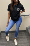 Blue Fashion Casual Print Basic O Neck T-Shirts