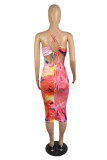 Multicolor Fashion Sexy Print Backless Cross Straps Spaghetti Strap Sleeveless Dress