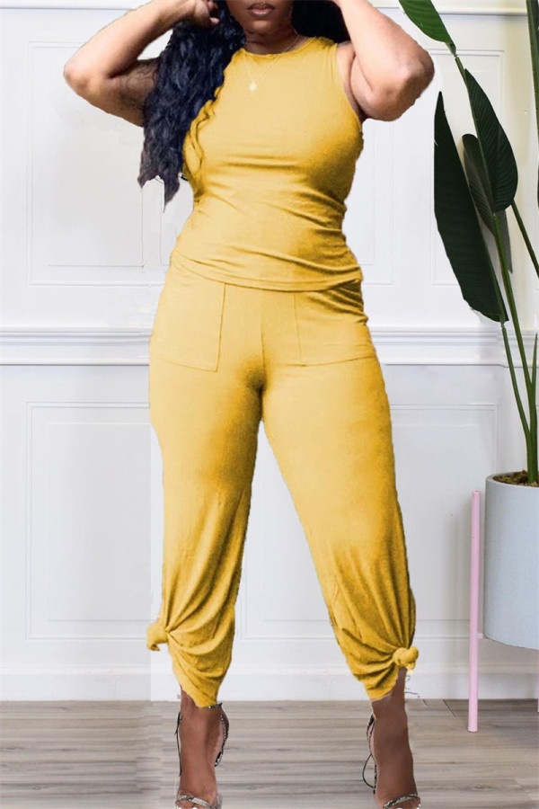 Yellow Fashion Casual Solid Patchwork O Neck Sleeveless Two Pieces