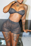 Black Fashion Sexy Solid See-through Backless Spaghetti Strap Sleeveless Two Pieces