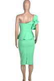 Green Fashion Sexy Solid Split Joint Backless One Shoulder Short Sleeve Two Pieces