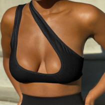 Black Fashion Sexy Solid Asymmetrical One Shoulder Tops