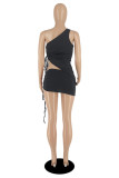 Deep Blue Fashion Sexy Solid Backless Asymmetrical One Shoulder Sleeveless Two Pieces