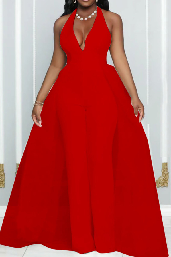Red Fashion Casual Solid Patchwork Backless Halter Skinny Jumpsuits