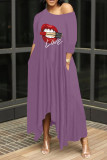 Purple Fashion Casual Print Asymmetrical O Neck Long Dress