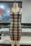 Multicolor Fashion Casual Plaid Print Basic U Neck Vest Dress