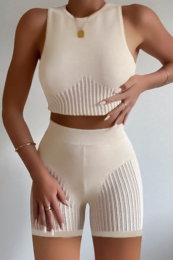 Apricot Sexy Solid Patchwork O Neck Sleeveless Two Pieces