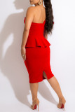 Rose Red Fashion Sexy Solid Split Joint Backless One Shoulder Short Sleeve Two Pieces