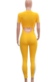 Yellow Sexy Solid Split Joint O Neck Short Sleeve Two Pieces