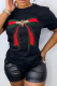 Black Fashion Street Print Patchwork O Neck T-Shirts