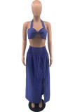 Dark Blue Fashion Sexy Solid Bandage Backless Slit Halter Sleeveless Two Pieces