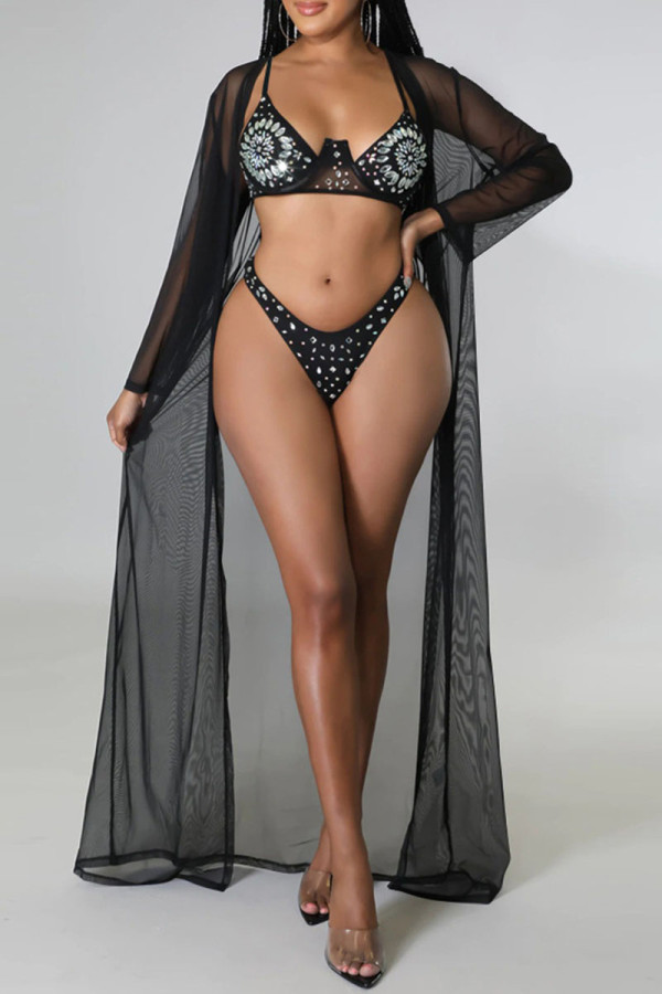 Black Fashion Sexy Solid Patchwork Hot Drill Swimwears Three-piece Set (Without Paddings)
