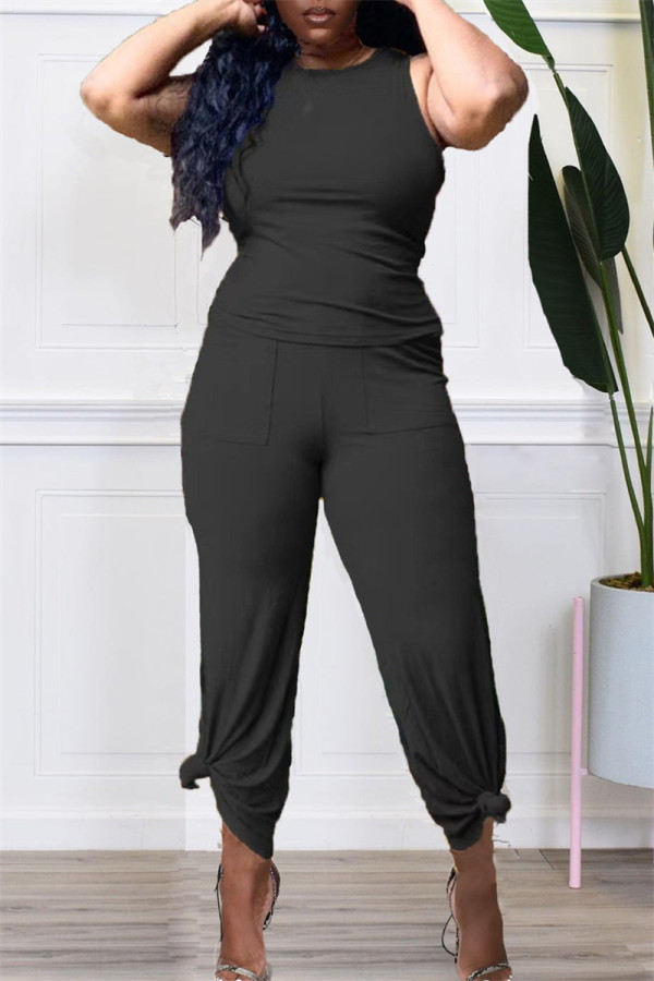 Black Fashion Casual Solid Patchwork O Neck Sleeveless Two Pieces