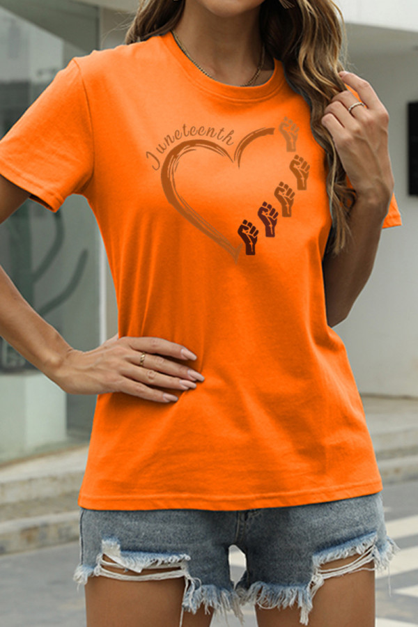 Orange Fashion Casual Print Basic O Neck T-Shirts