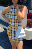 Yellow Sexy Plaid Patchwork Halter Pencil Skirt Dresses