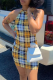 Yellow Sexy Plaid Patchwork Halter Pencil Skirt Dresses