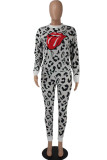 Multicolor Fashion Casual Lips Printed Basic O Neck Long Sleeve Two Pieces