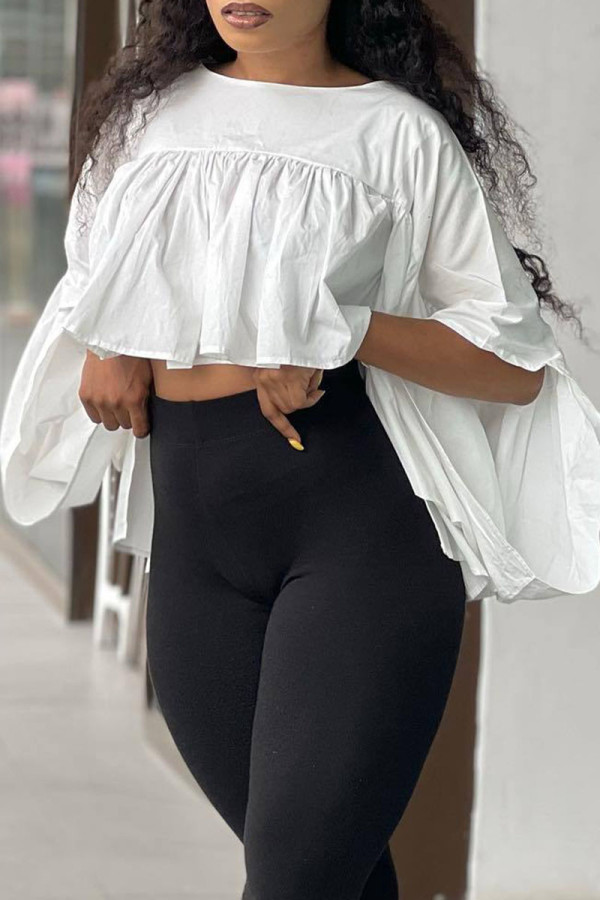 White Casual Solid Patchwork Flounce Fold O Neck Tops