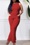 Red Fashion Casual Solid Patchwork O Neck Sleeveless Two Pieces
