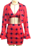 Red Fashion Plaid Patchwork Turndown Collar Long Sleeve Three Pieces