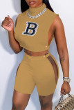 Red Fashion Casual Letter Embroidery Bandage Patchwork Turtleneck Sleeveless Two Pieces