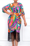 Multicolor Fashion Casual Print Tassel Patchwork V Neck Pencil Skirt Dresses
