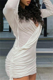 White Fashion Sexy Solid Bandage Patchwork Draw String Frenulum Hooded Collar Long Sleeve Dresses