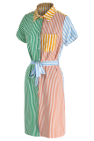 Colour Casual Striped Patchwork Turndown Collar Shirt Dress Dresses