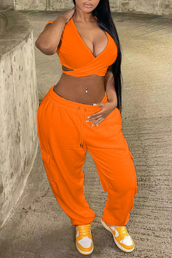 Tangerine Red Sexy Solid Patchwork V Neck Short Sleeve Two Pieces