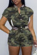 Green Fashion Casual Print Patchwork Mandarin Collar Short Sleeve Two Pieces