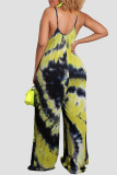 Black Green Casual Print Tie Dye Patchwork Spaghetti Strap Straight Jumpsuits