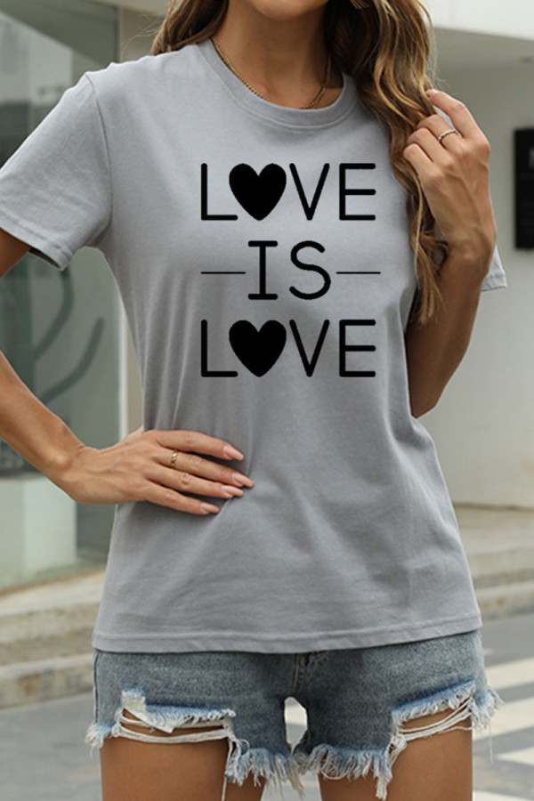 Grey Fashion Casual Letter Print Basic O Neck T-Shirts