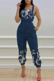 Black Sexy Casual Print Bandage Backless Spaghetti Strap Regular Jumpsuits