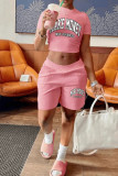 Pink Fashion Casual Letter Print Basic O Neck Short Sleeve Two Pieces