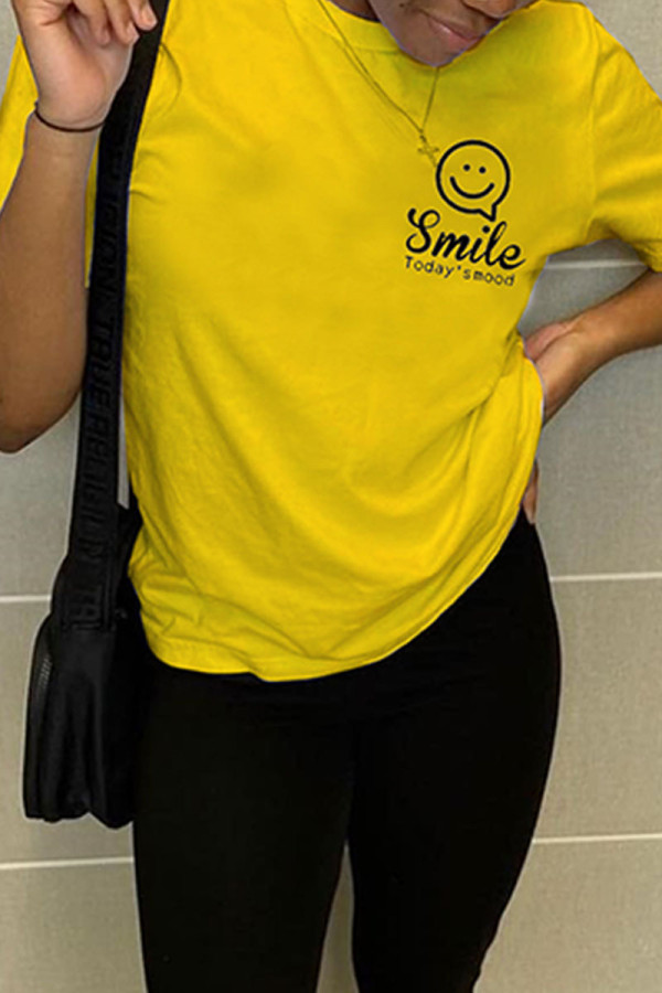 Yellow Fashion Casual Print Basic O Neck T-Shirts